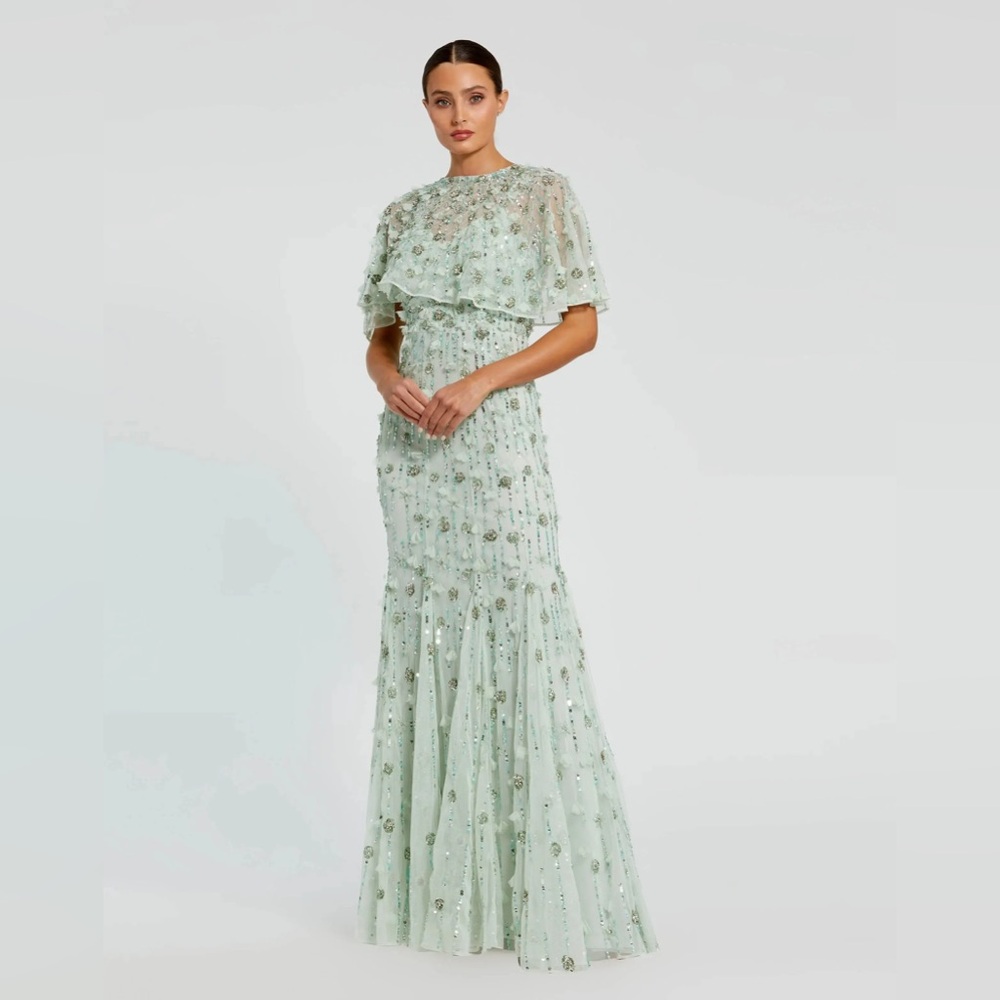 Mac Duggal 93653 Sage Embellished Illusion Cape Sleeve Trumpet Gown Size 10 $698